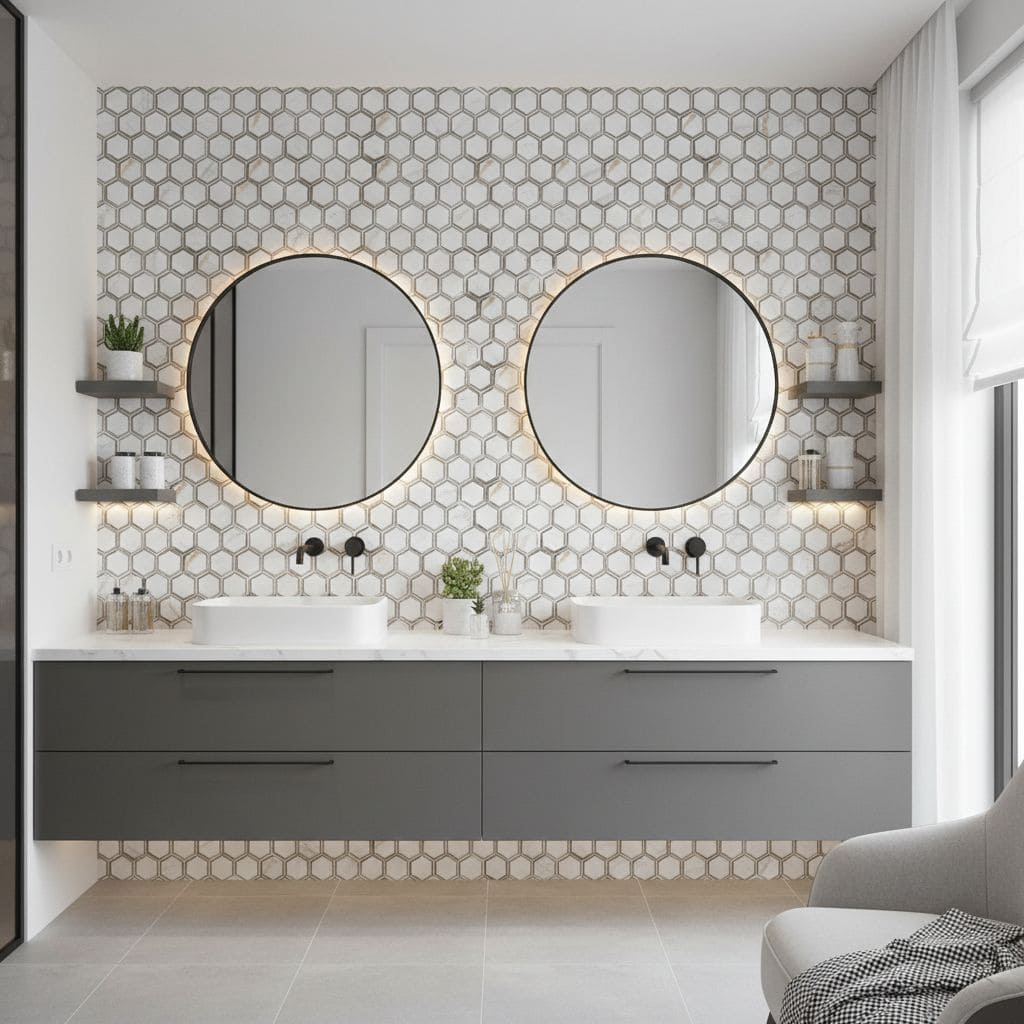 Two round mirrors above a modern bathroom vanity with peel and stick tile backsplash.