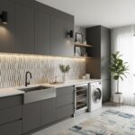 grey marble peel and stick tile backsplash for laundry room renovation