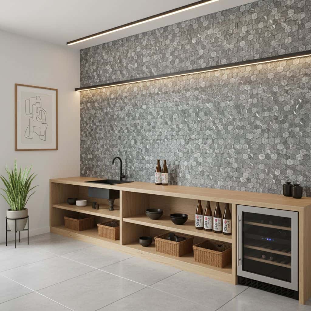 Stylish peel and stick wall tile backsplash with a textured hexagon pattern in a contemporary kitchen.
