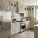 A modern kitchen featuring elegant mother of pearl shell tiles on the backsplash, adding a luxurious and natural touch to the.
