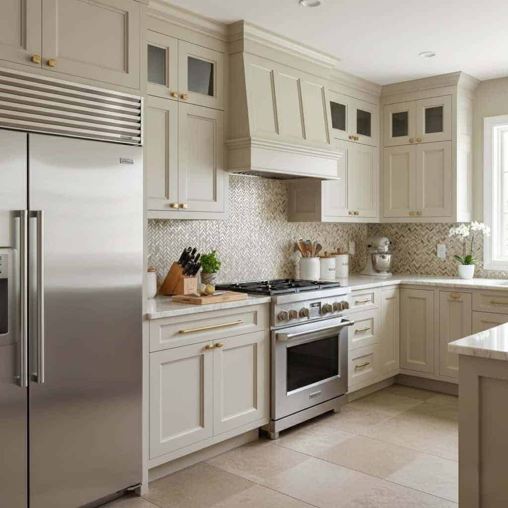 A modern kitchen featuring elegant mother of pearl shell tiles on the backsplash, adding a luxurious and natural touch to the.