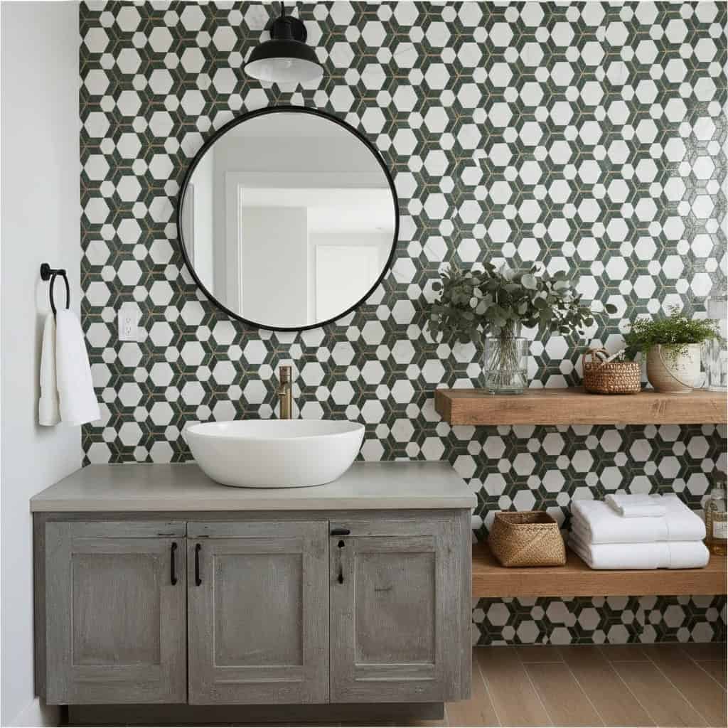 Gray and white geometric tile wall with wooden shelves and modern bathroom fixtures.