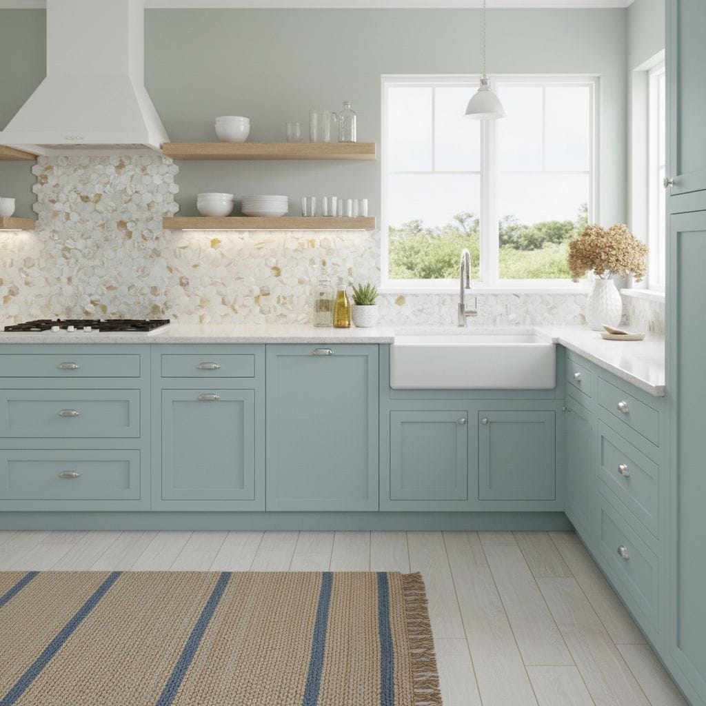 Mother of pearl shell tile backsplash in a bright, airy kitchen with pastel blue cabinets and white accents.