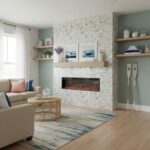 Elegant shell tile fireplace with mother of pearl accents in a modern living room. Perfect for adding a touch of luxury and n.