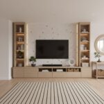 Modern living room featuring peel and stick wall tile behind the TV, with built-in shelves and minimalist decor.