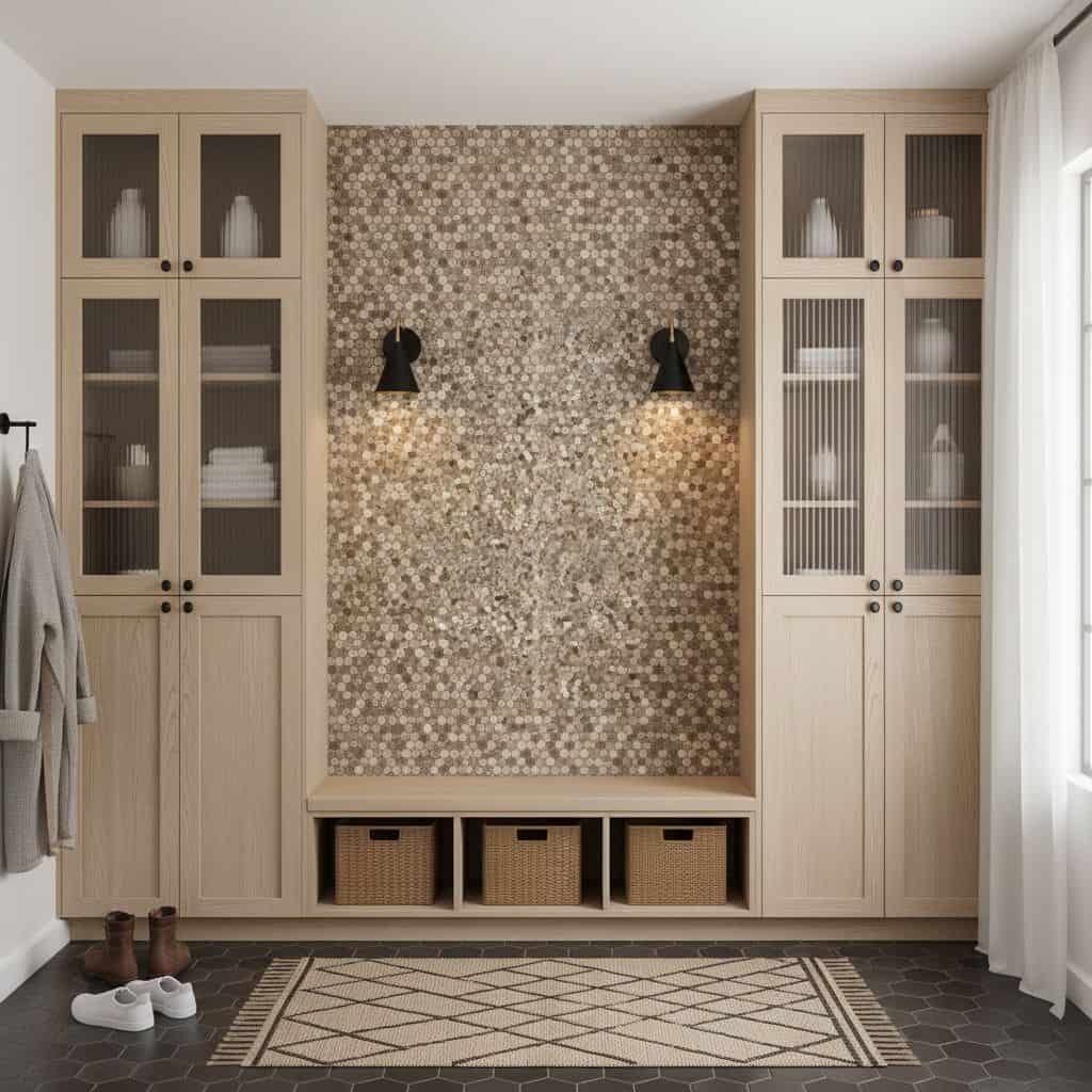 Wall tile with peel and stick design for easy home decor updates.