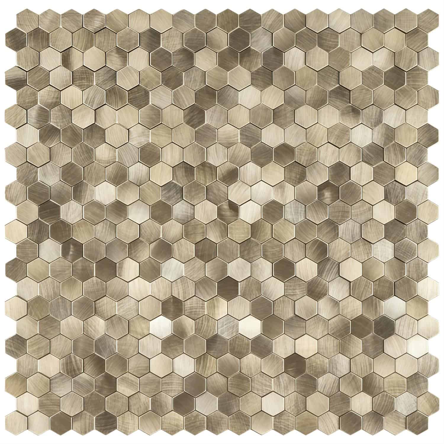Hexagon peel and stick tile pattern in neutral beige and brown tones.