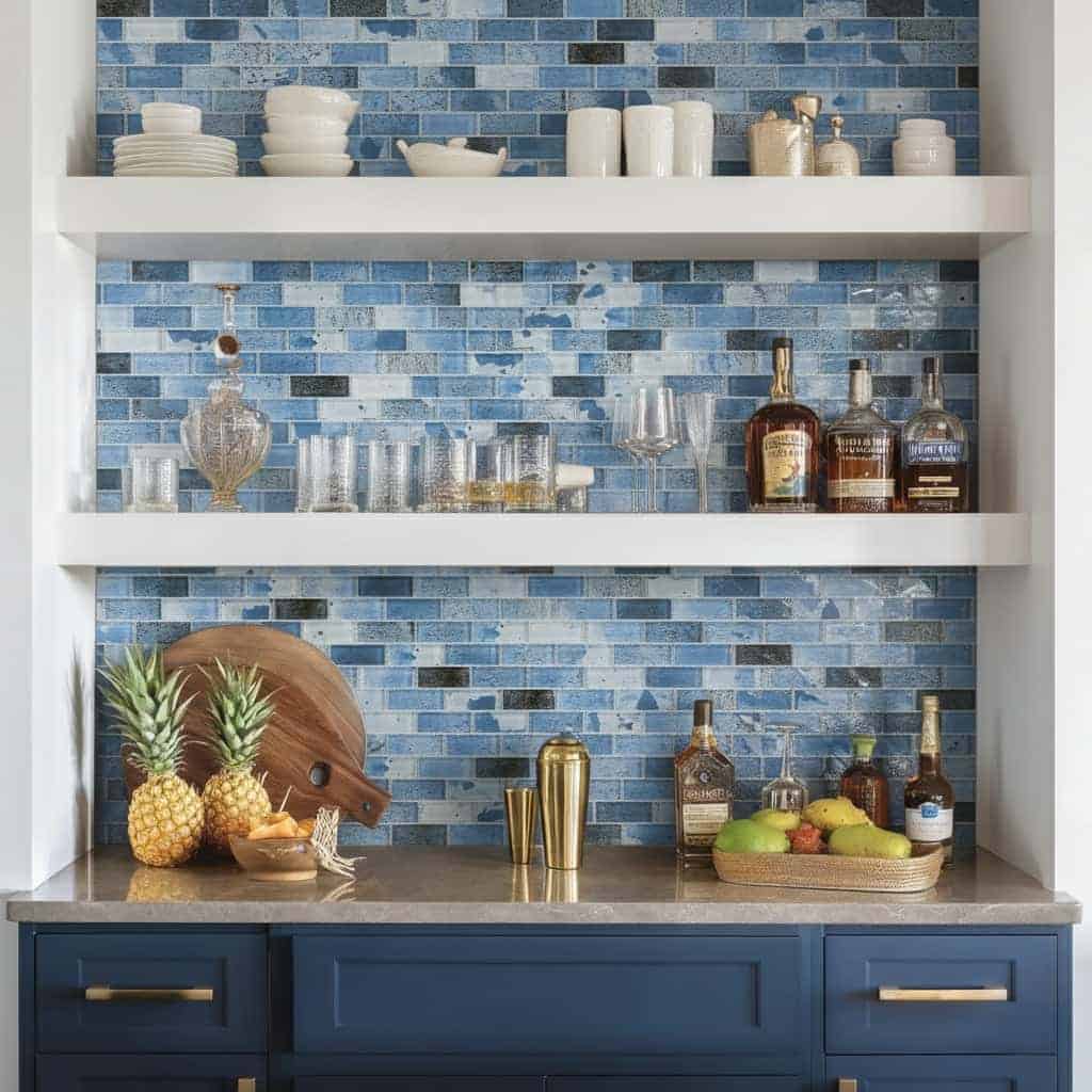 Blue glass mosaic tile backsplash with kitchen shelves and decor items.