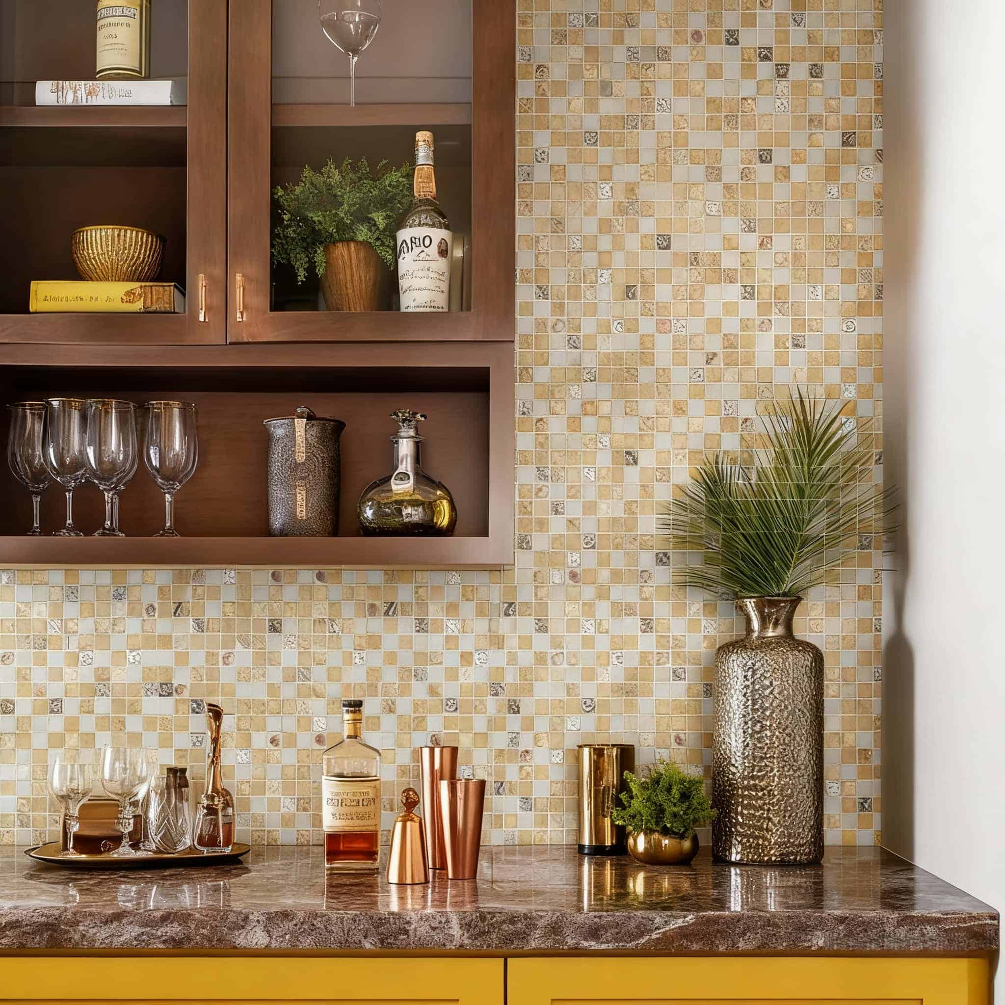 A stylish kitchen with a beige glass tile backsplash, wooden shelves, and decorative items including glassware and plants.
