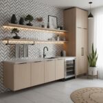Peel and stick wall tile in a modern kitchen with light wood cabinets and decorative shelving.