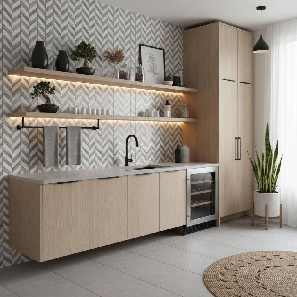 Peel and stick wall tile in a modern kitchen with light wood cabinets and decorative shelving.