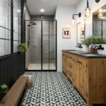 Bright bathroom with black and white geometric patterned tiles, wooden vanity, and modern black fixtures.