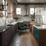 Bright, colorful kitchen with marble countertops, purple and teal cabinets, and a green armchair for a cozy touch.