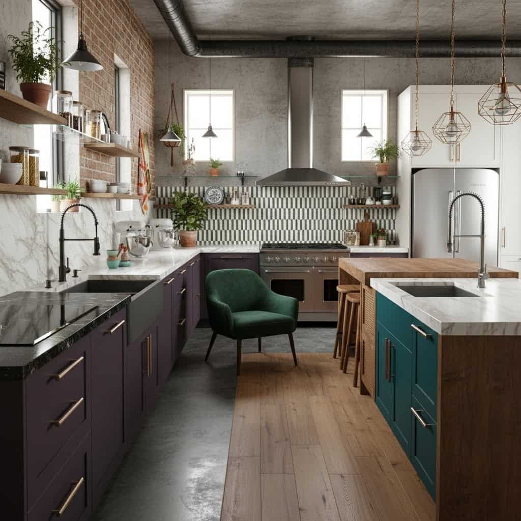 Bright, colorful kitchen with marble countertops, purple and teal cabinets, and a green armchair for a cozy touch.