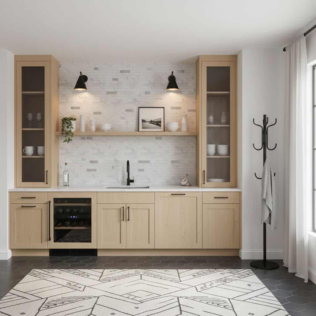 A modern kitchen featuring peel and stick tile backsplash, light wood cabinets, and a sleek black faucet with natural light f.