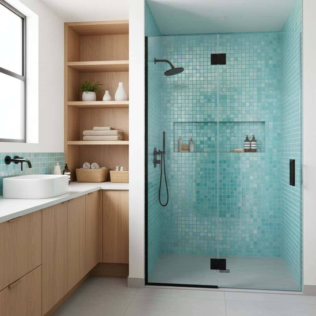 Bathroom with glass mosaic tile shower and wooden cabinetry, featuring a modern design with a glass backsplash tile and minim.
