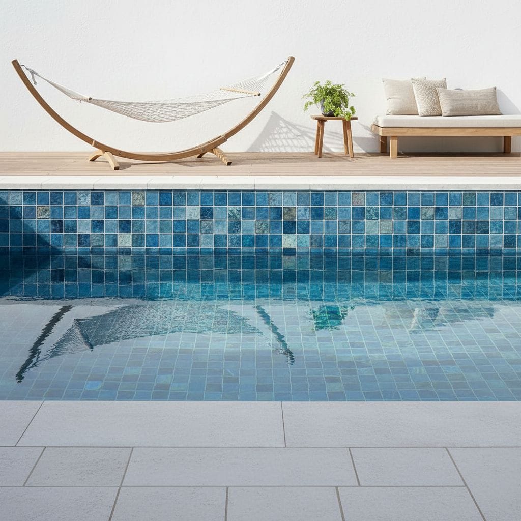 Glass tile pool backsplash with mosaic design and blue hues.