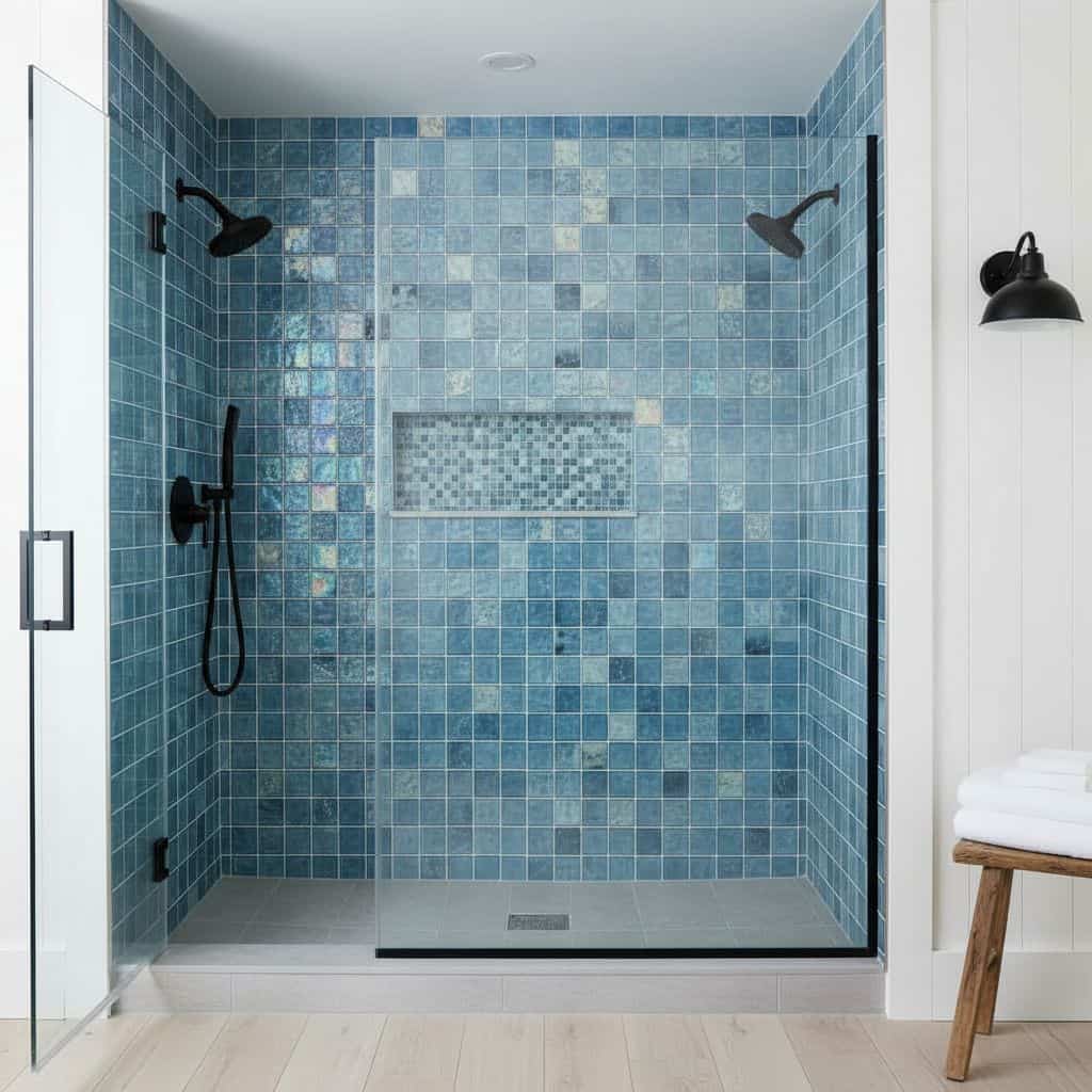 Blue glass tile backsplash in a modern shower with mosaic detail and black showerheads.