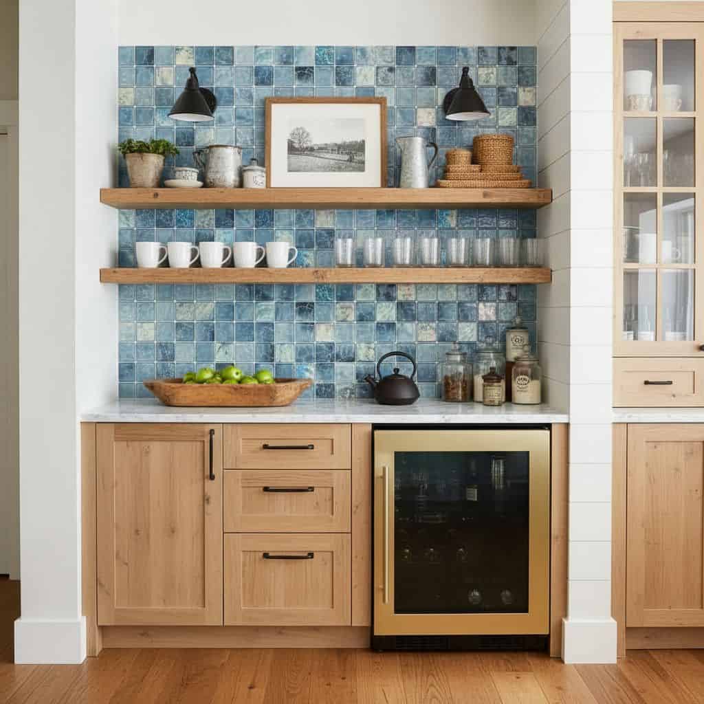 Bright kitchen featuring a blue glass tile backsplash, wooden shelves, and a wine cooler for a stylish and functional space.