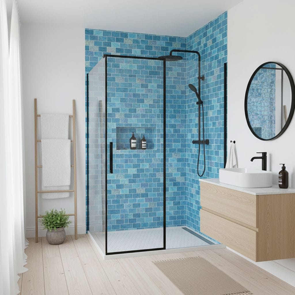 Glass tile backsplash in a contemporary bathroom shower area.