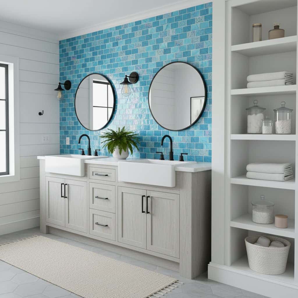 Bathroom with blue glass mosaic tile backsplash, double sinks, and modern decor.