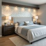 A modern bedroom featuring a beautiful wall with mother of pearl shell tile behind the bed, creating a luxurious and elegant.