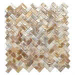 Up of a mosaic shell tile with iridescent pearl and seashell hues. Perfect for luxurious interior accents and decorative surf.