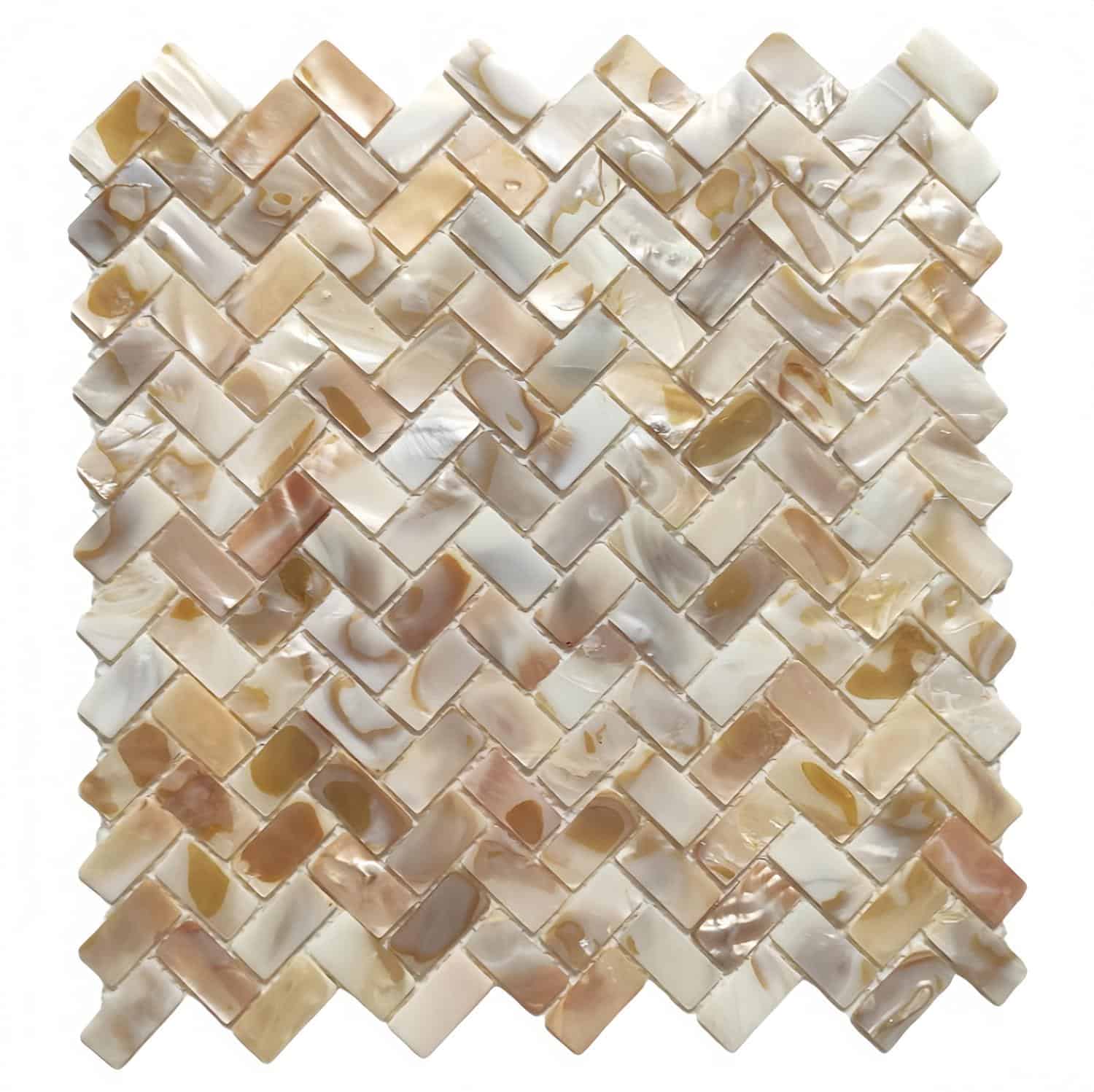 Up of a mosaic shell tile with iridescent pearl and seashell hues. Perfect for luxurious interior accents and decorative surf.