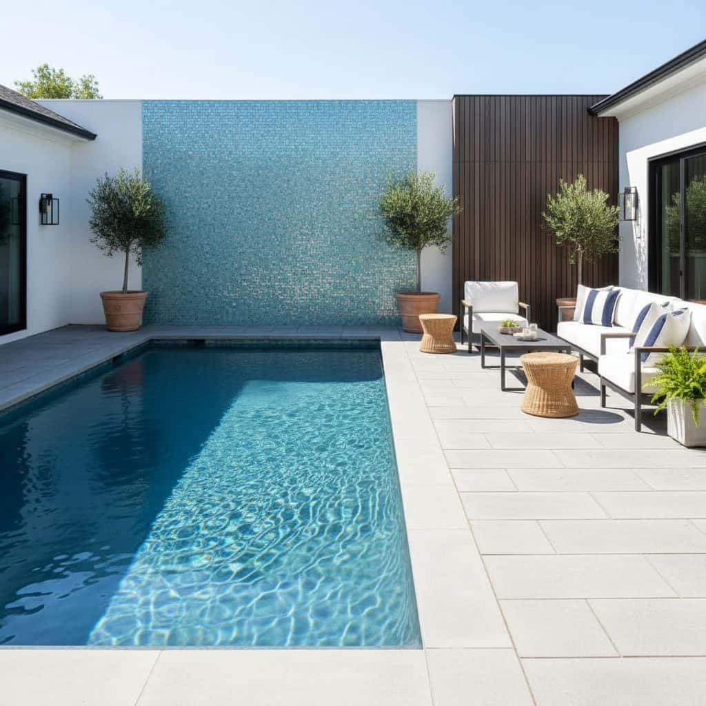 Poolside area with glass mosaic tile backsplash and modern outdoor furniture.