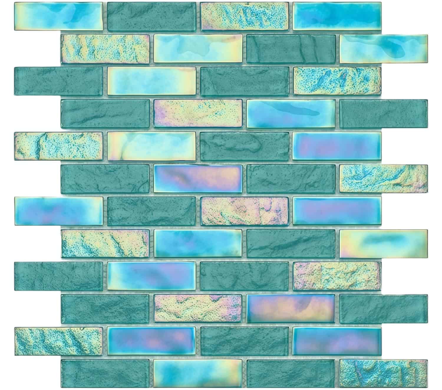 Iridescent glass tile backsplash featuring a mix of solid and shimmering mosaic tiles in shades of blue and teal. Perfect for.
