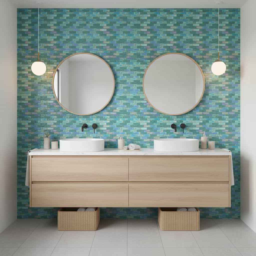 Bathroom featuring a glass tile backsplash, double sinks, and contemporary decor.
