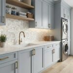 Seashell tile backsplash in a modern kitchen with light blue cabinets and stainless steel appliances.