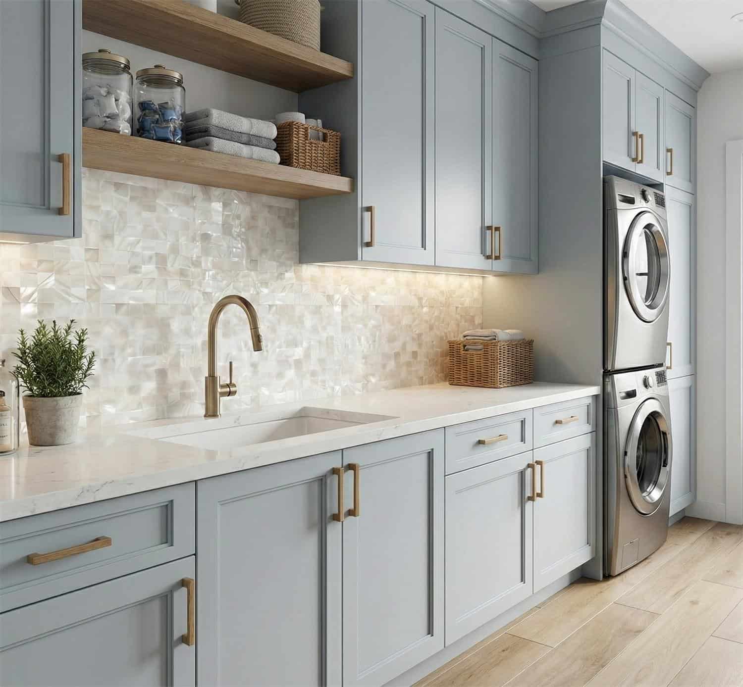 Seashell tile backsplash in a modern kitchen with light blue cabinets and stainless steel appliances.