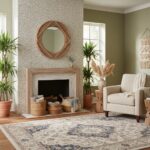 A cozy living room featuring a beautiful shell tile fireplace with mother of pearl accents, complemented by natural decor and.
