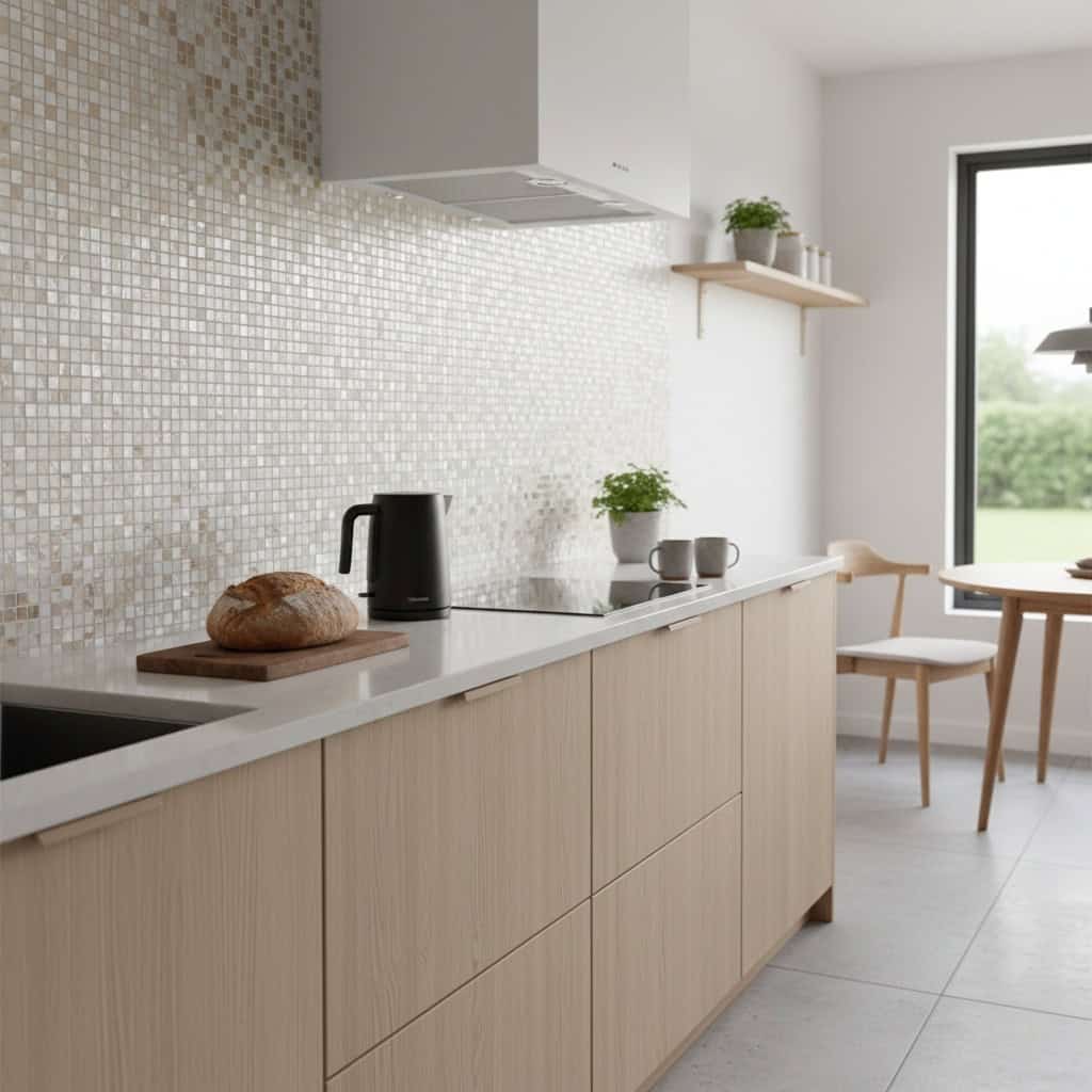 Seashell tile backsplash in a modern kitchen with natural light, wooden accents, and minimal decor, creating a fresh and eleg.