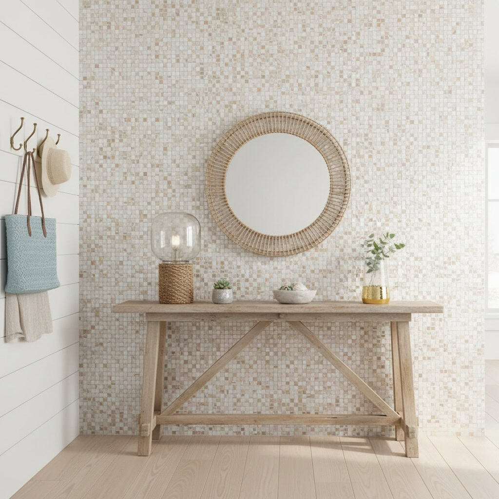 Decorative shell tile wall with a round mirror, lamp, and plants in a modern interior setting.