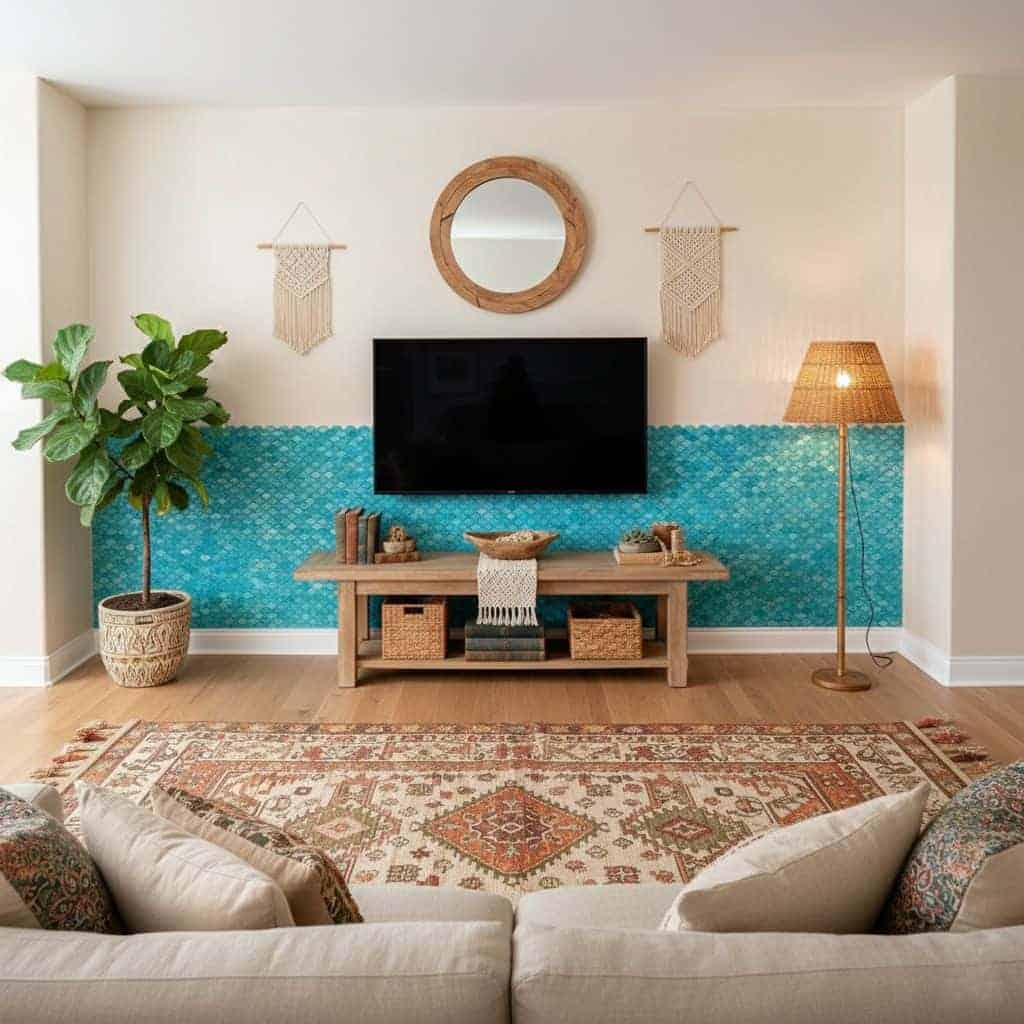 Mother of pearl shell tile accent wall in living room with boho decor and natural elements.