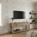 Decorative shell tile wall with mother of pearl and seashell accents in a modern living room.
