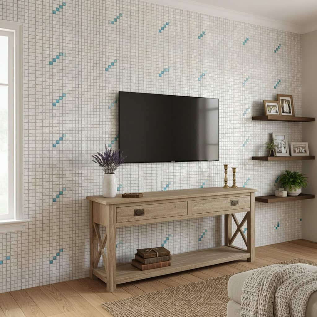 Decorative shell tile wall with mother of pearl and seashell accents in a modern living room.