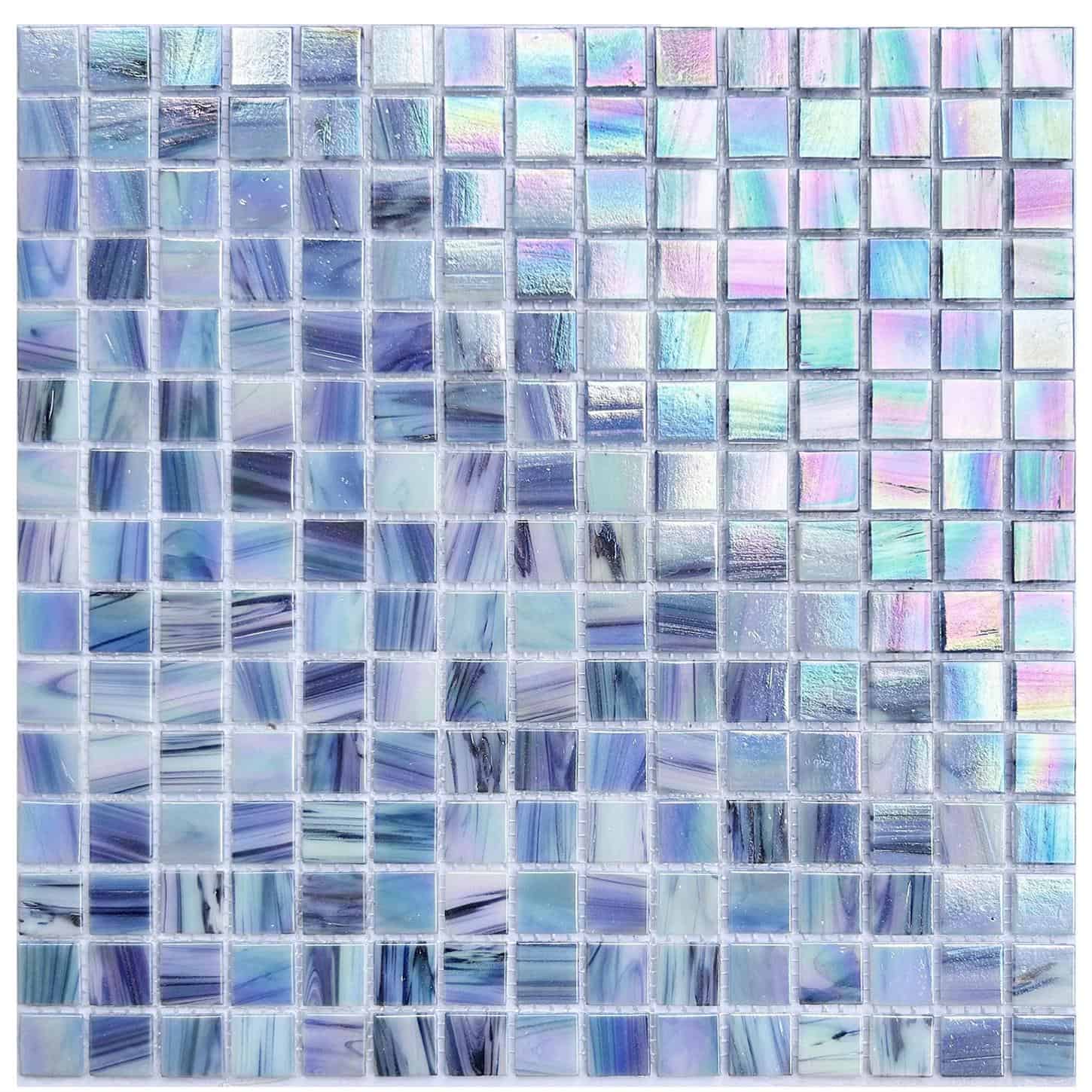 Colorful glass tile mosaic with iridescent finish, ideal for backsplashes and swimming pools. Perfect for modern home decor a.