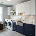 Bright laundry space featuring shell tile backsplash, white upper cabinets, and navy lower cabinets.