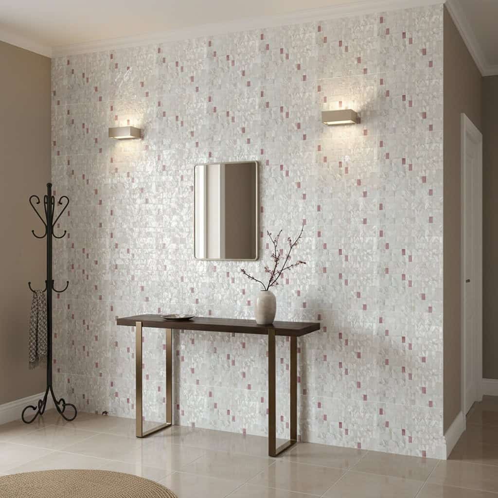 A stylish interior featuring a wall decorated with mother of pearl shell tiles, creating a shimmering, elegant look.