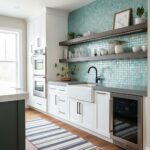 A modern kitchen featuring a glass mosaic tile backsplash, white cabinetry, and open wooden shelves with decorative items.