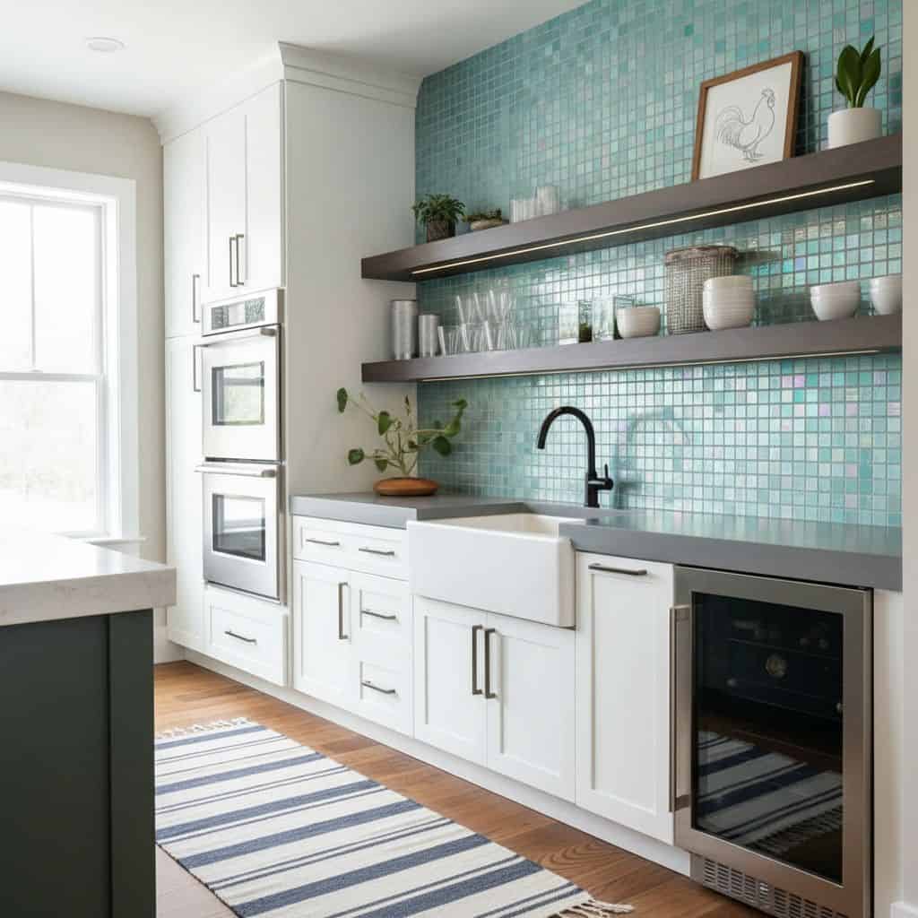 A modern kitchen featuring a glass mosaic tile backsplash, white cabinetry, and open wooden shelves with decorative items.