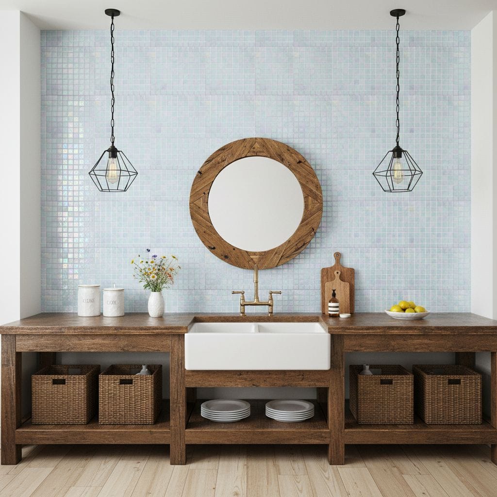 Beautiful glass mosaic tile backsplash with a farmhouse sink and wooden accents.