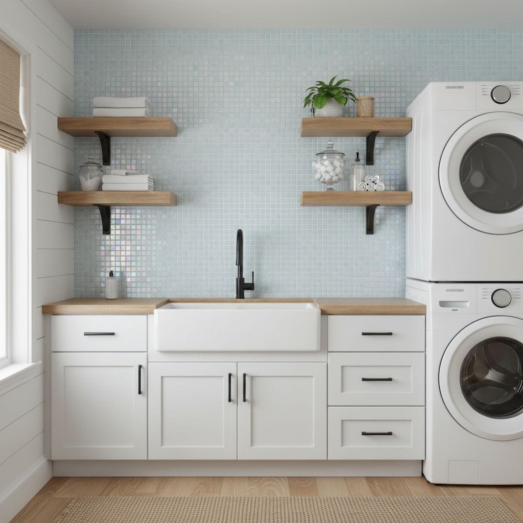 Bright laundry room featuring a glass tile backsplash, wooden shelves, and a white farmhouse sink with modern appliances.