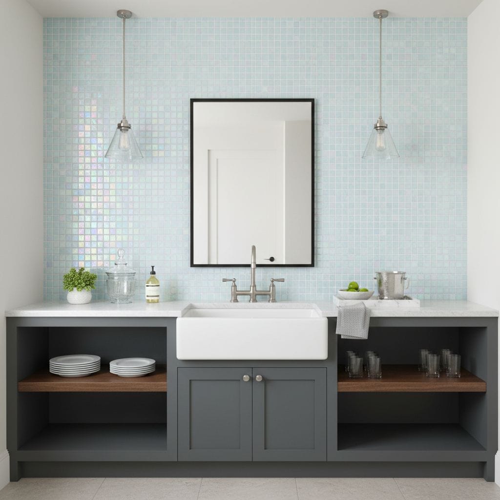 Bright mosaic glass tile backsplash behind farmhouse sink with gray cabinetry.