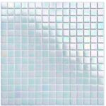 Glass tile backsplash with iridescent finish, perfect for kitchen or bathroom decor.