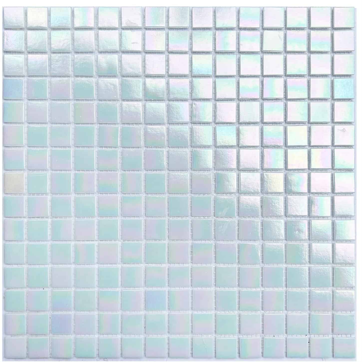 Glass tile backsplash with iridescent finish, perfect for kitchen or bathroom decor.