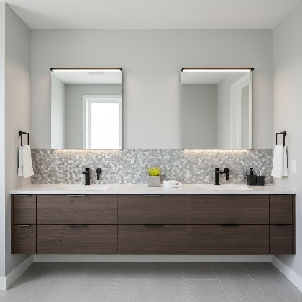 A modern bathroom vanity with peel and stick wall tiles, featuring a sleek design, double mirrors, and minimal decor for a cl.